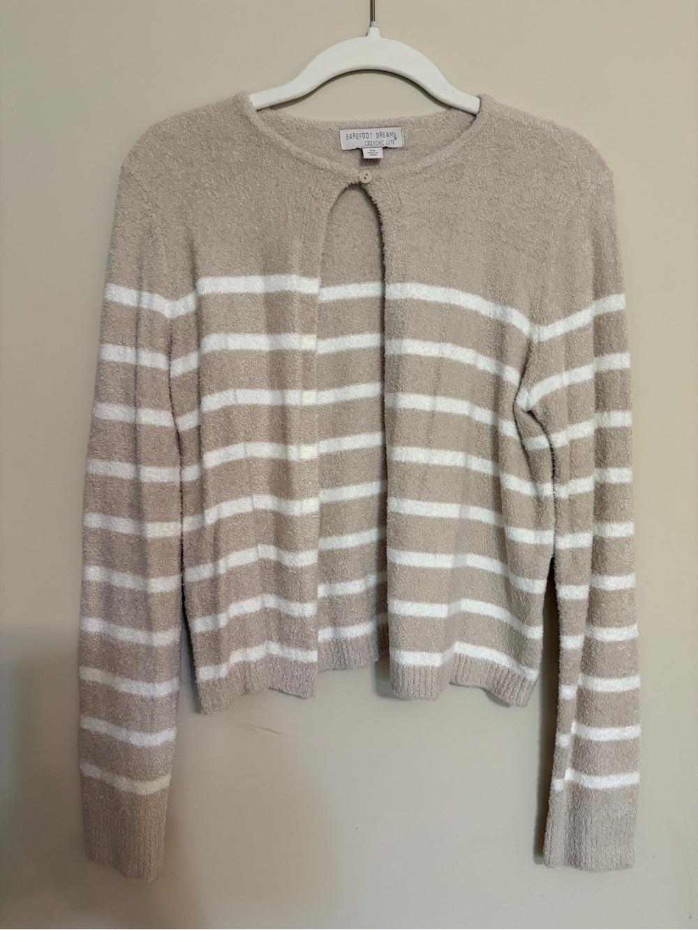 Barefoot Dreams Cozy Chic Taupe & White Striped Open-Front Cardigan